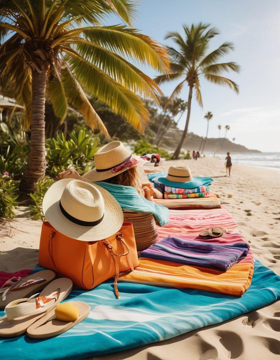 A fashionable beach scene featuring a diverse group of individuals in stylish beachwear, vibrant sun hats, and accessories, lounging on colorful beach towels with surfboards and umbrellas in the background. The ocean sparkles under the sun, and palm trees gently sway in the breeze, evoking a carefree summer vibe. Include stylish beach bags and flip-flops for added flair. bright colors. summer aesthetic. super-realistic.