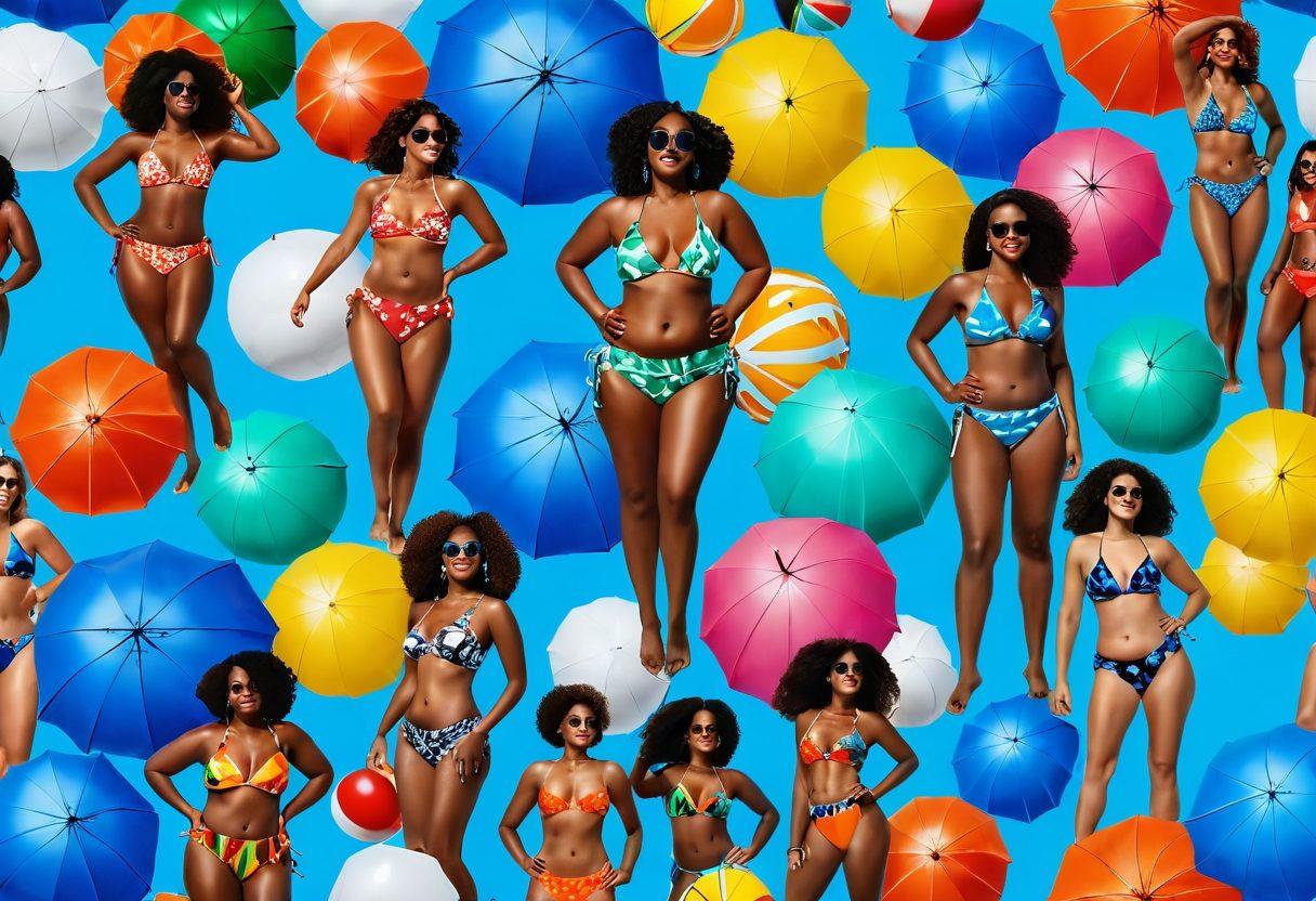 A vibrant beach scene with people of diverse body types showcasing a variety of swimwear styles, from classic cuts to bold prints. Include colorful umbrellas, beach balls, and a clear blue sky to create a lively atmosphere. Highlight different swimwear textures and patterns in close-up. Emphasize inclusivity and body positivity. bright colors. 3D. vibrant beach setting.